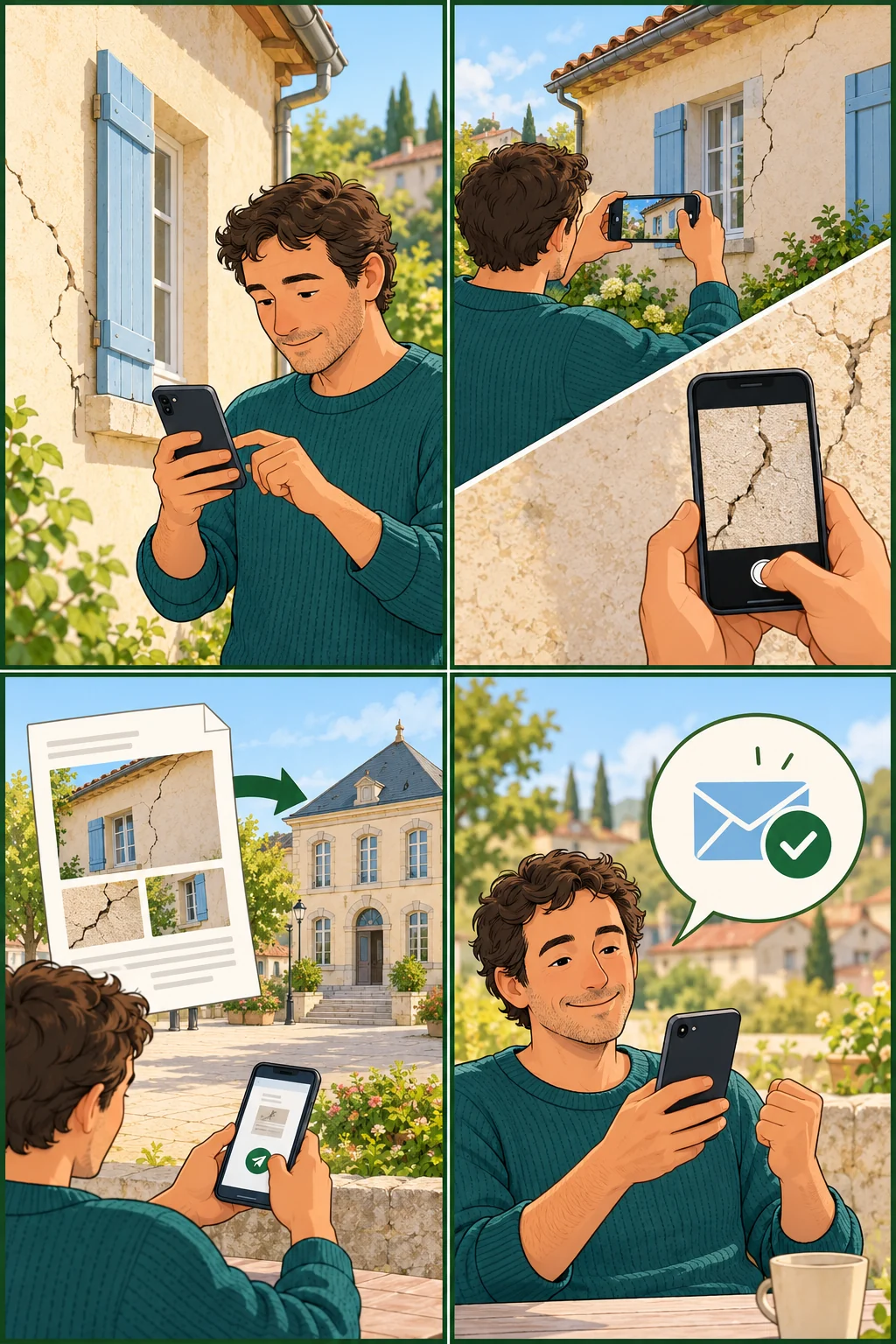 Bande dessinée : un habitant signale des fissures, les photographie, prépare son dossier pour la mairie et reçoit une confirmation.